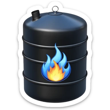 generate an ultra realistic black metal gas holder without rust and with a blue fire label sticker