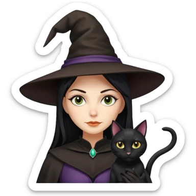 a witch with a hat and a broomstick and a black cat sticker