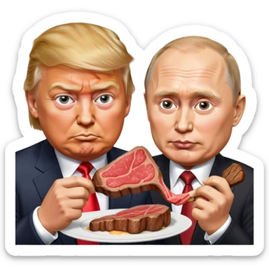 photorealistic Donald Trump and Putin eating a steak shaped like an piece of land sticker