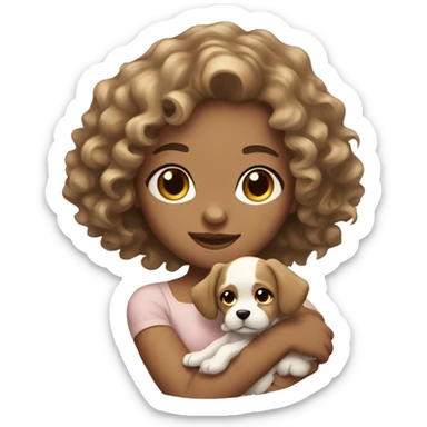 light skin girl with wavy hair holding a puppy sticker