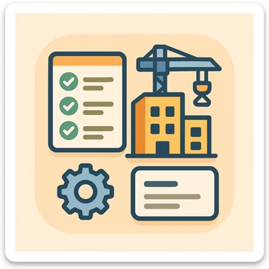 Flat emoji-style illustration of a software registry for a construction company. Includes a checklist/database icon, small gear/settings symbol, building/crane for construction theme, and a simplified UI card with lines for descriptions. Rounded shapes, soft shadows, friendly color palette. Clear, professional, and approachable sticker
