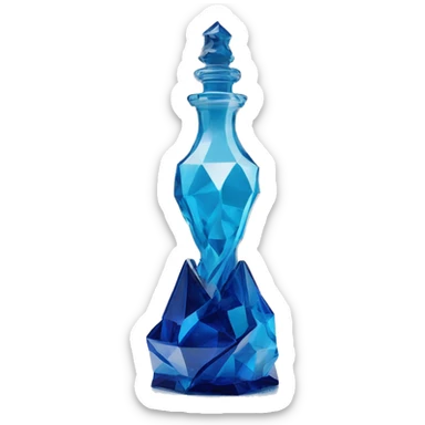 symbolic ocean in a bottle sculpture symbolizing Pisces with a geometric, faceted design. The bottle is standing upright with angular and baroque features. The vibrant deep blue waves colors highlights the sharp edges and planes.  sticker