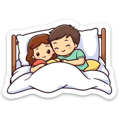 Brunette girl and brown boy cuddling in bed sticker