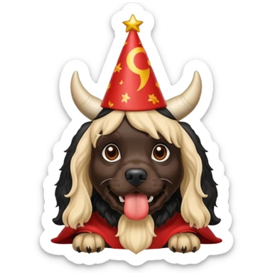 Black cocker spaniel with devil horns and a birthday hat on sticker