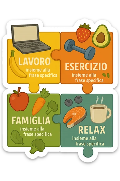 Puzzle (Lavoro, Esercizio, Famiglia, Relax), and healthy foods are integrated into each piece. in italiano sticker