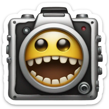 Camera with teeth, braces, and tongue hanging out its eyeball with hands sticker