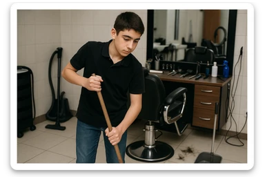 sartaroshxonani tozalayotgan o'smirin bola juda  yosh ham emas katta ham supir sudir qilaytgani narsalarni tozalayotgani yuzi ko
 sticker