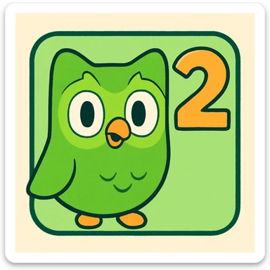 Duolingo-style icon with number 2 in rounded cartoonish font, green background, fun approachable feel of Duolingo brand sticker