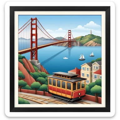 Make a full city of San Francisco with the Golden Gate Bridge in the background and a train car going up the hill sticker