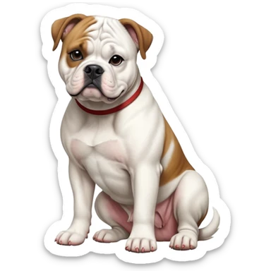 cinematic-[american bulldog]-realistic-full-body-sitting-emoji,-tail-resting-loosely-beside-its-paws,-head-tilted-dramatically,-fluffy-[colour]-fur,-simplified-yet-realistic-focused-features,-highly-detailed,-glowing-with-an-almost-sarcastic-glow sticker