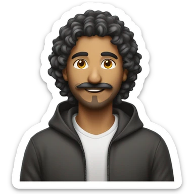 Indian morden male in hoodie, with moustache and beard, smiling  long curly hairs sticker