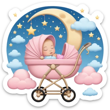 sleeping baby in pink and beige stroller with crescent moon and stars above with pastel blue clouds sticker