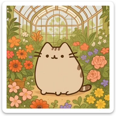 beige pusheen kitten in a botanical garden greenhouse filled with flowers sticker