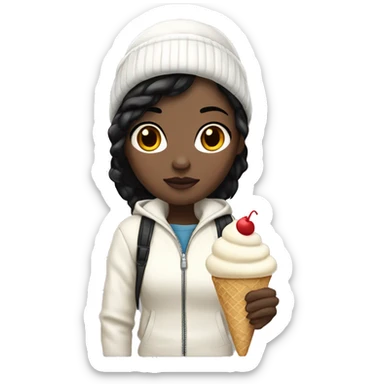 A girl with pale skin and black hair holding a vannila ice cream with a white jacket and a white beanie sticker