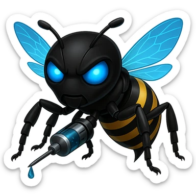 Create a menacing robotic bee with a black head and a syringe stinger, featuring blue translucent energy wings. The style should resemble apple style emojis with concise details and vibrant colors. sticker