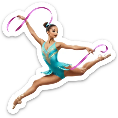 A graceful rhythmic gymnast performing with a flowing ribbon, executing an elegant leap mid-air. The pose exudes flexibility, balance, and artistry. The background suggests a competition arena with soft lighting, emphasizing movement, precision, and the beauty of the sport. sticker