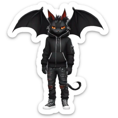 Cool Anthro Black Bat-Nargacuga-Litten-cat-Pokémon with edgy stripes hoodie spiked collar punk techwear Full Body sticker