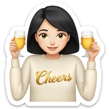 A woman with longer black hair, light to medium skin tone, full cheeks, and almond-shaped eyes, wearing a simple white sweater with the word 'cheers' in gold script, joyful and radiant expression, cheerful, emoji style, just her torso. sticker