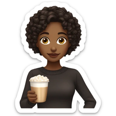 Light brown girl with black medium curly hair and a hot chocolate sticker