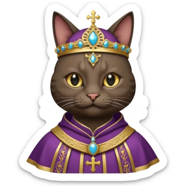 “Half-body humanoid figure with a realistic cat face, wearing ornate bishop robes and a mitre, dark gothic background, dramatic lighting, sticker