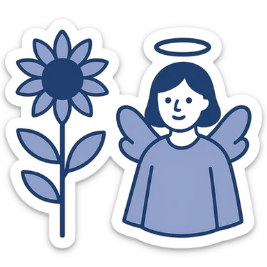 icon of a sunflower and an angel, minimalistic, flat design sticker