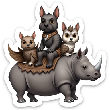 Two Scottish terriers and an owl riding a rhino sticker