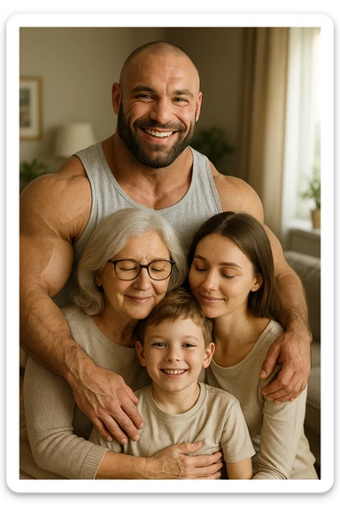 realistic vertical image of a bodybuilder in a family environment, embraced or close to loved ones, atmosphere of well-being and serenity, 2:3 aspect ratio sticker