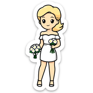 blonde woman in a white off-shoulder dress with a bouquet of white flowers in a white bag in her right hand sticker
