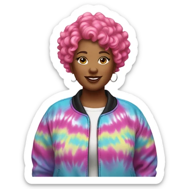 Plus size black woman with pink curly pixie cut hair and a tie dye jacket  sticker