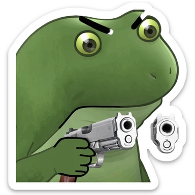 bufo frog meme holding a gun, looking mad sticker