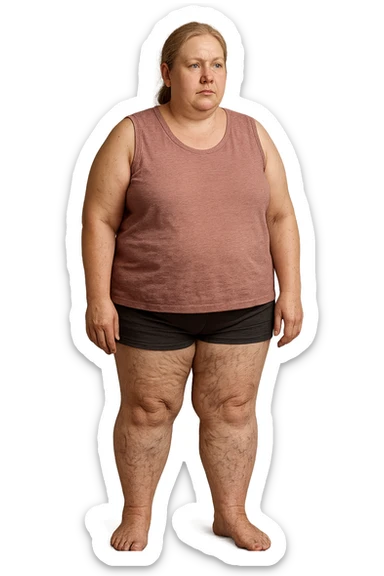 donna realistica leggermente in sovrappeso con vene visibili sulle gambe e gambe gonfie, iperrealistica 4k, IPERREALISTICA 4K sticker