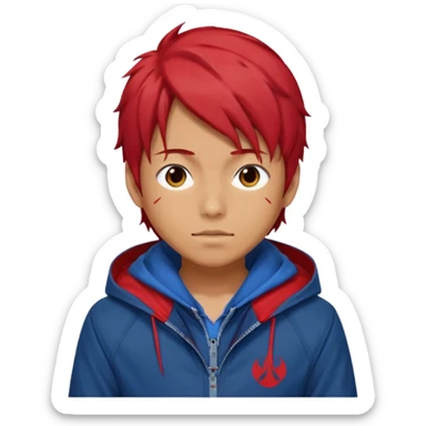 yuiji itadori jjk avec cheveux rouge veste bleu et capuche rouge sticker