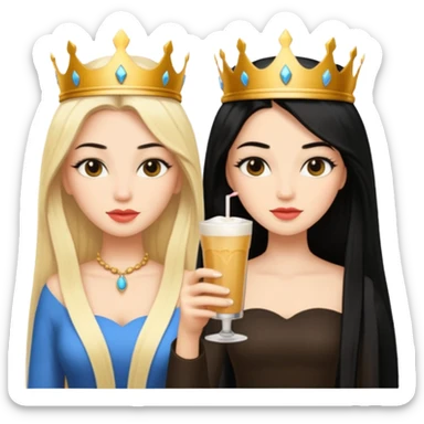 Two queens with long black hair and blonde drink sticker