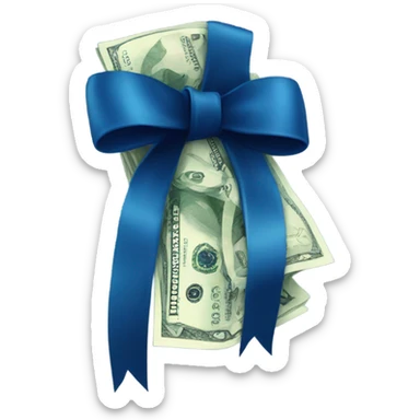 a bundle of money tied with a dark blue bow sticker