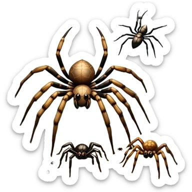 Collage of various spiders, including tarantulas and other exotic species, inside a  terrarium with webs and natural décor. Close-up shots of their intricate legs, eyes, and fuzzy bodies. Soft lighting, transparent background. sticker