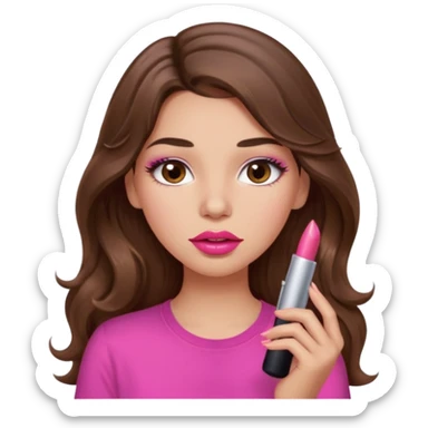 girl with long wavy brown hair, brown eyes, light to medium complexion, in a pink shirt, pink lips, long lashes, puckered lips, putting on lipstick sticker