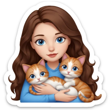 girl with long wavy brown hair, blue eyes, long lashes makeup, cuddling with 6 cute cats sticker