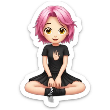 Full body Front view curvy emo girl pink hair sits on the floor straight view hands up black skirt полосатые рваные чулки sticker