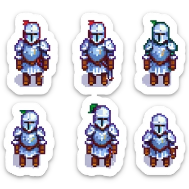 A pixel art knight in armor with a closed helmet, expressing boredom. The knight's arms and legs are in different positions. The image is portrait-sized and has a clear outline. sticker