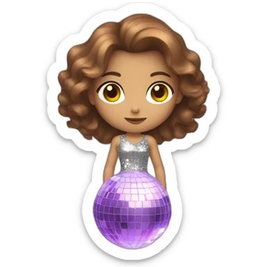 female with brown wavy hair dressed in a party dress and disco ball sticker