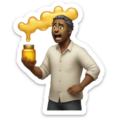 Man throwing up honey sticker