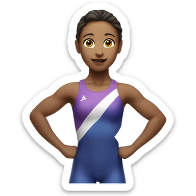 a female gymnast introducing the first place podium, full body, two arms pointing to the center place sticker
