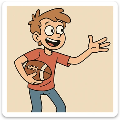 a boy gesturing to a friend with a football in hand, energetic, flat toon style sticker