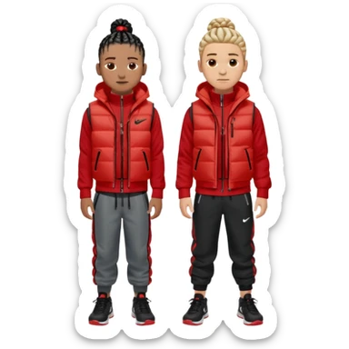 2 boys one wearing red nike tech with a black puffer vest and posing with black shoes and other with cornrows and a grey hoodie with black pants tan sticker
