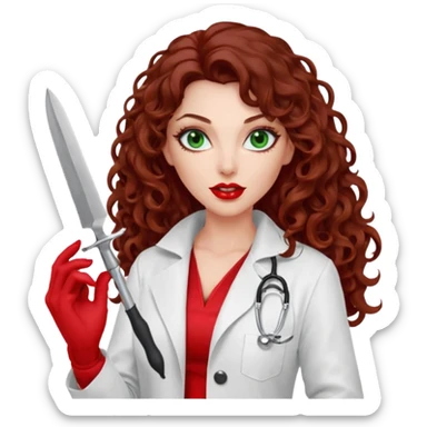 Lilith symbol seductress evil woman. She has green eyes.  had brown long curly hair.  evil surgeon kills with scalpel wears red sexy doctor coat with red mouth cover red gloves sticker