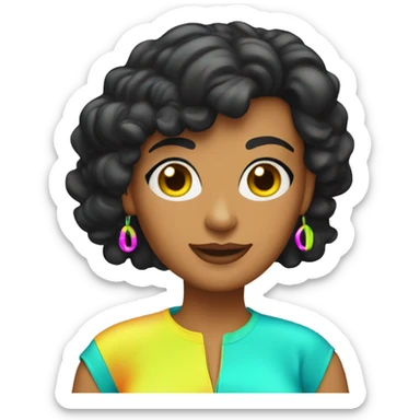 Tanned woman with black hair wearing 1980s style neon outfit and hair sticker