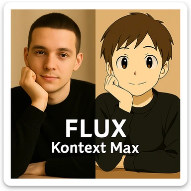 same similar image but chnage the text to "Flux Kontext Max", change people and pose too sticker