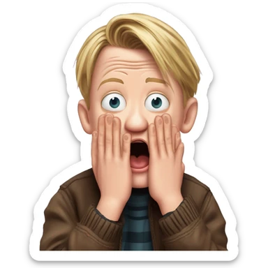 macaulay culkin from Home Alone, putting both hands on his face and screaming of fear. bring the hands down lik he is putting on his cheeks. sticker