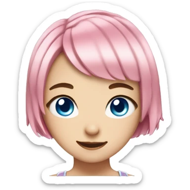 anime girl with pink short bob hair, blue eyes, winking sticker