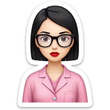 Mujer con cabello largo color negro lacio los ojos son de color negro y tiene lentes cuadrados color negros los labios son color rojo fuerte usa pijama de veterinaria color rosado  sticker